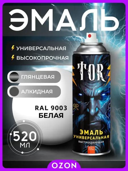 TOR Аэрозольная краска Быстросохнущая, Алкидная, Глянцевое покрытие, 0.52 л, 0.27 кг, белый
