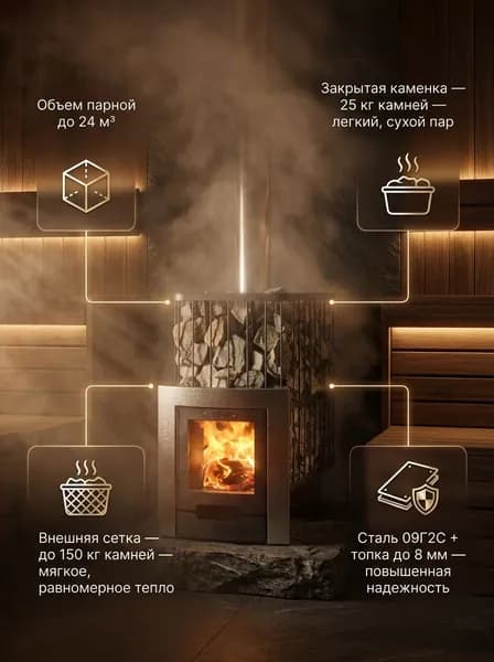 Дровяная печь с закрытой каменкой Вектор Скала до 24м3