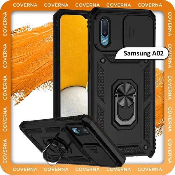 Чехол противоударный бронированный на Samsung A02, для Самсунг А02 с защитной шторкой для камеры, пластиной для магнитного автодержателя и кольцом подставкой, черный