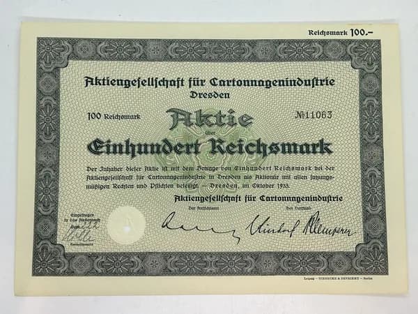 Акция Германия. Производство картона и картонной упаковки в Дрездене, 100 рейхсмарок 1933 №52