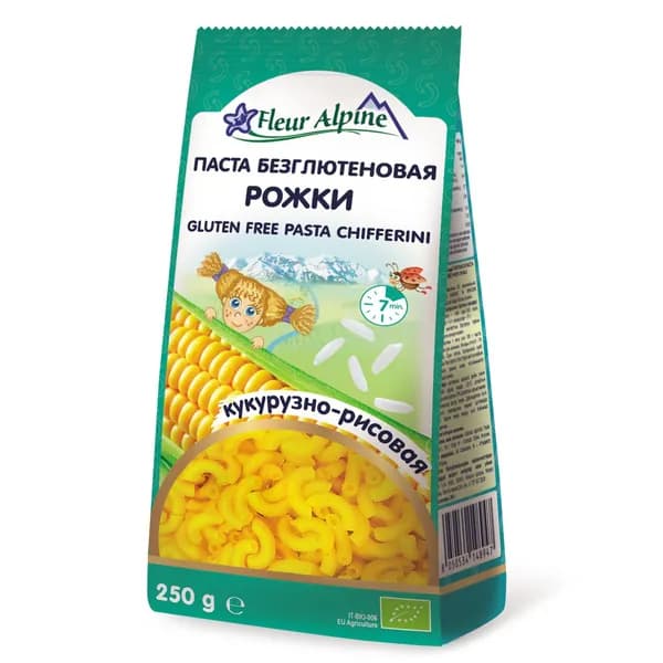 Макароны Безглютеновые кукурузно-рисовые Рожки Fleur Alpine для всей семьи, 250 г