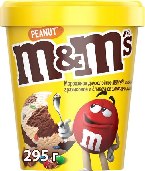 Мороженое M&M'S двухслойное молочное арахисовое и сливочное шоколадное с драже, без змж, картонный стакан, 295г