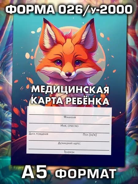Медицинская карта 026/у-2000 Аурасо, медкарта в детский сад, школу и поликлинику, амбулаторная, формат А5