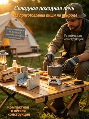 Печь походная складная таганок для сухого горючего и щепок мини горелка туристическая из нержавеющей стали для кемпинга нагрузка до 9 кг