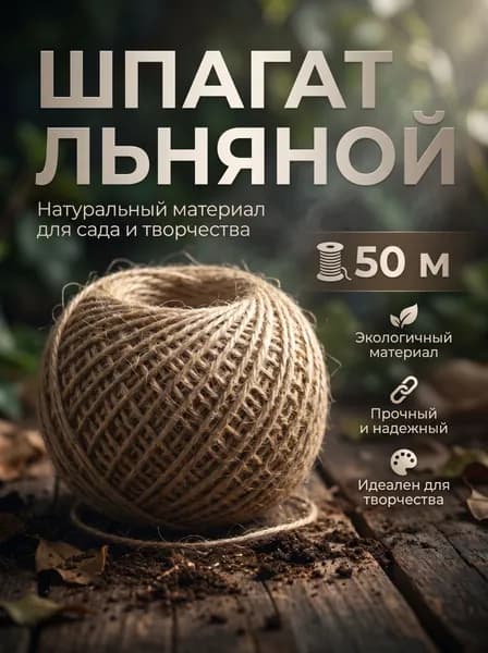 Шпагат льняной для садоводства и рукоделия 1200 текс, шпагат для подвязки 2 нити - 50 м.
