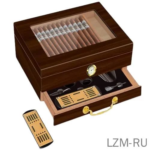 Шкатулка для сигар из красного дерева с прозрачной крышкой и датчиком влажности для кабинета