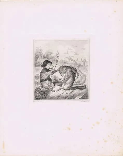 Лис Патрикеич (Рейнеке-лис). Богобоязненный барсук Гримбарт отпускает грехи Рейнеке-лису. Офорт. Россия, Санкт-Петербург, оттиск 1901 (доска 1867) года