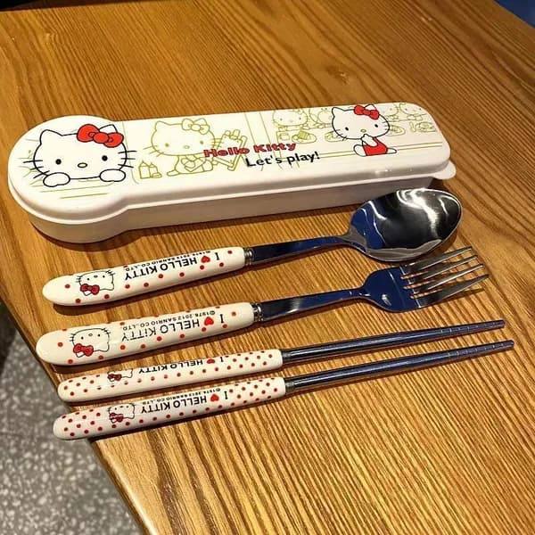 Hello Kitty Набор столовых приборов (вилка, ложка, палочки для еды) - Детский набор из нержавеющей стали, необходимый для путешествий и дома
