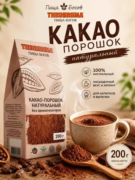 Какао порошок натуральный без сахара 200 г для ПП и выпечки