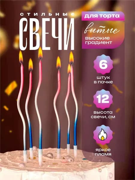 Свечи для торта витые градиент синий и серебро 12 см. 6 шт.