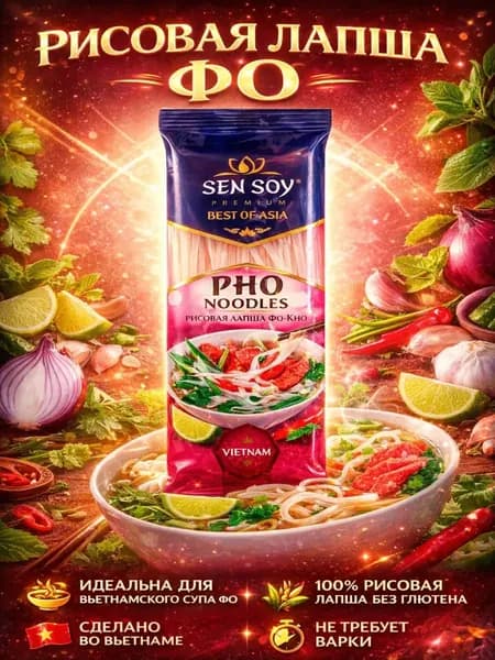 Рисовая лапша без глютена Pho Kho Sen Soy 200г