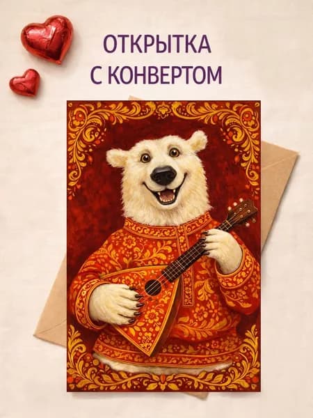 Открытка "Медведь" "Народные росписи" 1шт. Размер 10х15 в комплекте крафтовый конверт.