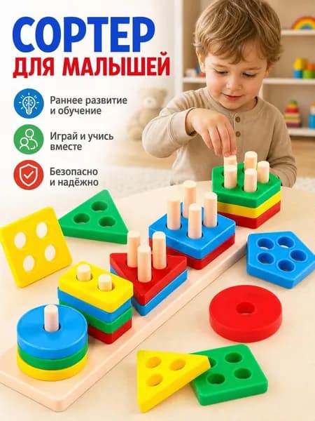 Сортер для малышей / Развивающие игрушки / Пирамидка, 16 деталей