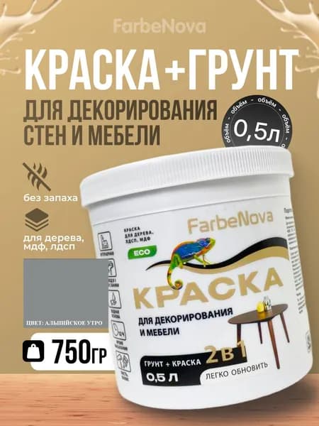 Матовая моющаяся краска грунт для мебели и декора без запаха для окраски стен и потолков, дерева и кухни, кухонных фасадов, дверей цвет Серый, 0.75 кг