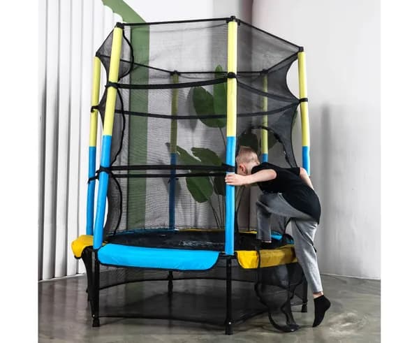 Батут каркасный DFC JUMP KIDS 55" желто-синий, детский, с внутренней защитной сеткой, уличный, для дома, дачи, детский манеж