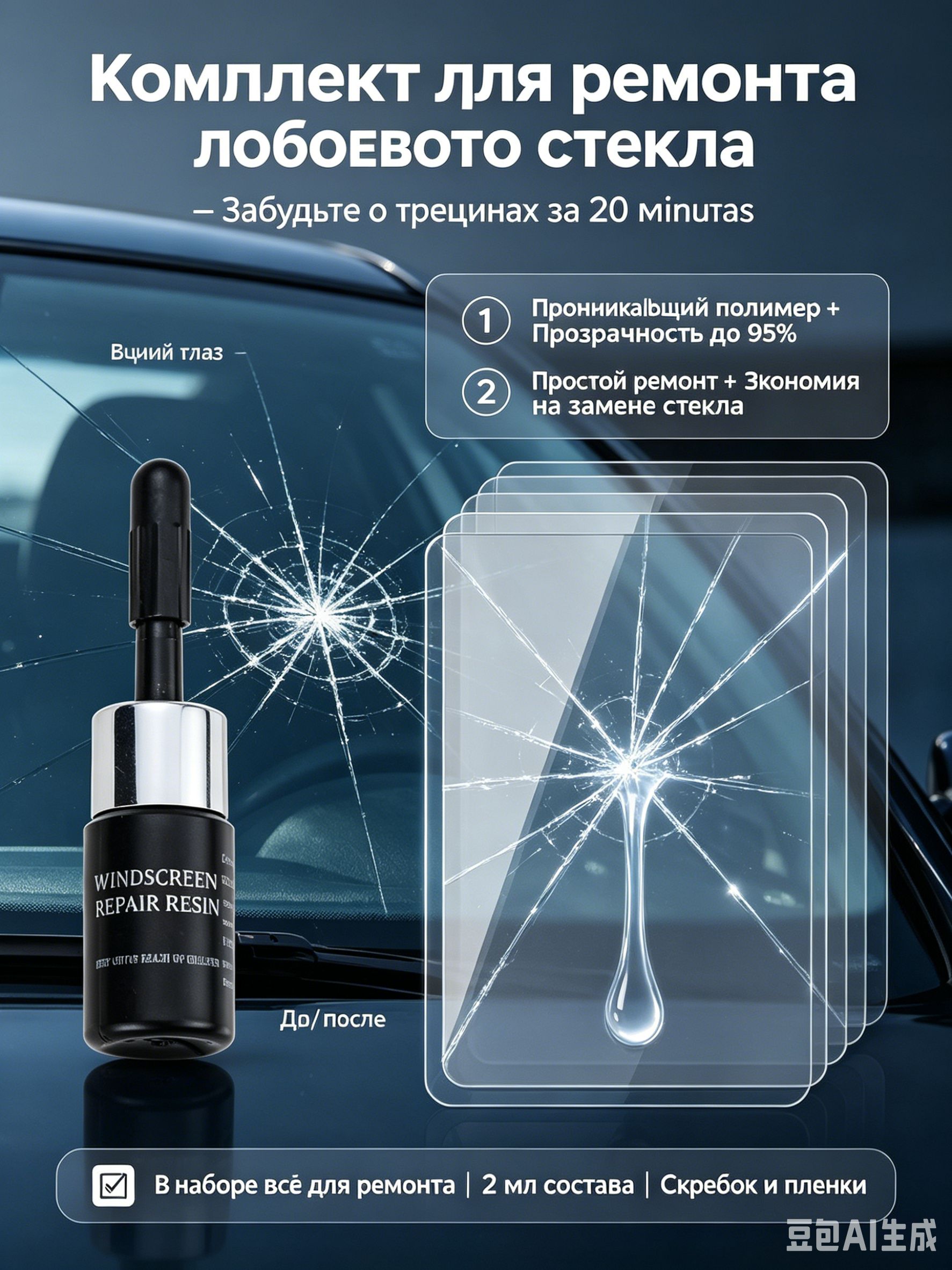 Комплект для ремонта лобового стекла автомобиля, полимер от сколов и трещин-RESIN-PRO-FIX, набор для восстановления прозрачности автостекла своими руками