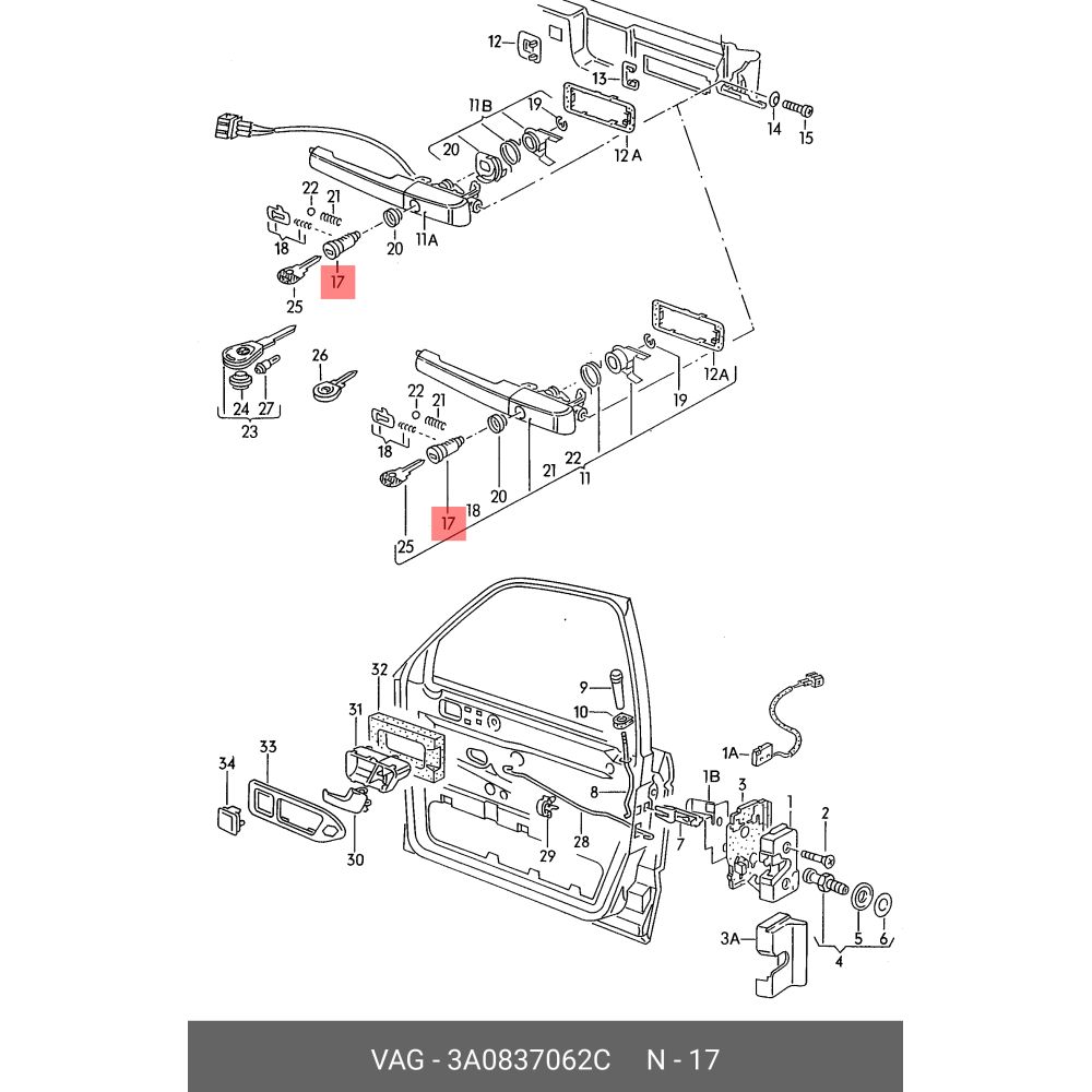 Личинка замка для ручки двери без сувальд и ключей VAG 3A0837062C