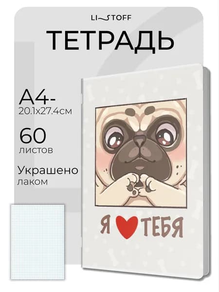 Тетрадь в клетку А4-( А4 минус) Listoff 60 листов на скрепке, матовая обложка с лаком