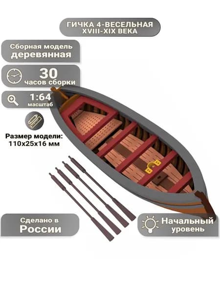 Гичка 4-весельная XVIII-XIX века, 30 часов, 110х25х16 мм, М.1:64, сборная модель корабля для начинающих, Россия