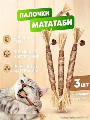 Кошачья мята / Палочки мататаби с плодом мататаби 3 штуки с веревкой, Лакомство для кошек, Игрушка для котят и котов с витаминами