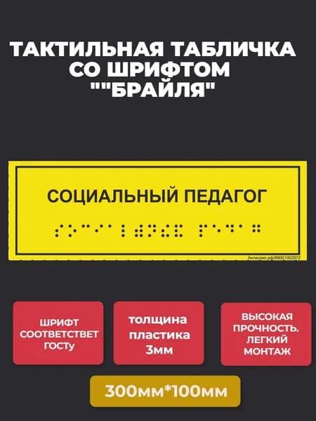 Тактильная табличка со шрифтом Брайля "СОЦИАЛЬНЫЙ ПЕДАГОГ" 300*100мм на ПВХ 3мм