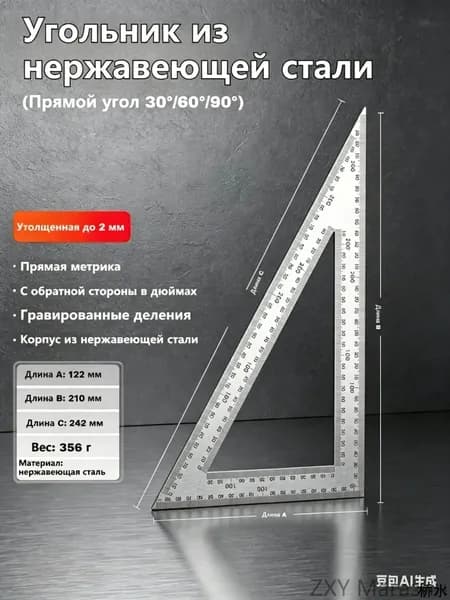 Многофункциональная треугольная линейка, утолщенная нержавеющая сталь, двусторонняя шкала под прямым углом 90