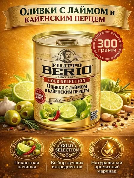 Оливки без косточек фаршированные с лаймом и кайенским перцем 300г Filippo Berio