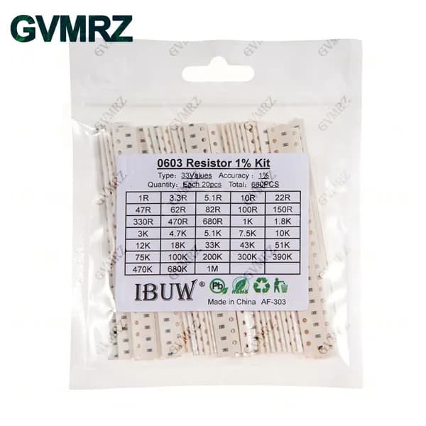 0201 0402 0603 0805 1206 1% 5% SMD Resistor Assorted Kit 1R-1M 10K 100K 1K 100R Сопротивление Набор DIY 33 Тип 0603 Комплекты сопротивления 1% по 20 шт.