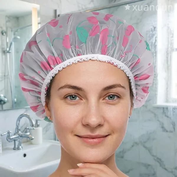 Водонепроницаемая шапочка для душа из ЭВА -- утолщённая, с цветочным принтом, для длинных волос, матовая