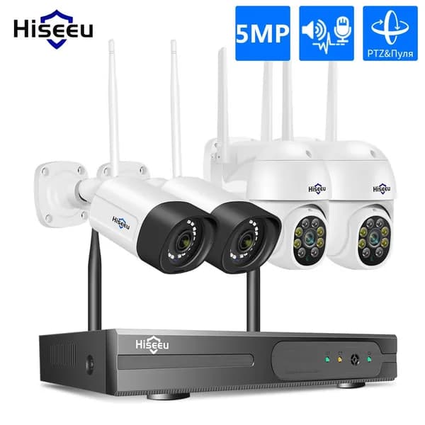 Hiseeu Wi-Fi Комплект камеры видеонаблюдения,10CH NVR Набор,5MP 4(PTZ +пулей Тип)IP камеры,без жесткого диска,Цветная ночного видения,Автоматическое отслеживание,Двусторонняя аудиосвязь, P2P
