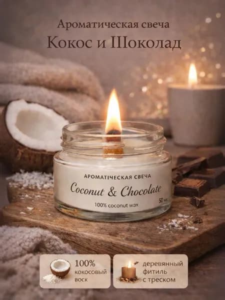 Свеча ароматическая "Кокос и шоколад50", 3.5 см х 5.5 см, 1 шт