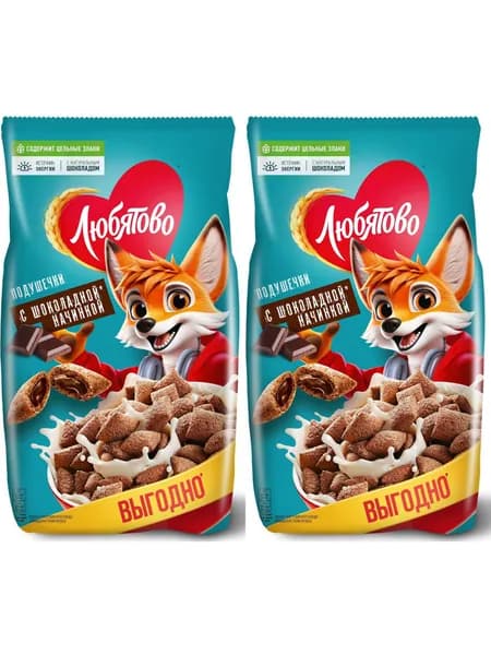 Подушечки Kellogg's Любятово мультизлаковый шоколадные, комплект: 2 упаковки по 500 г