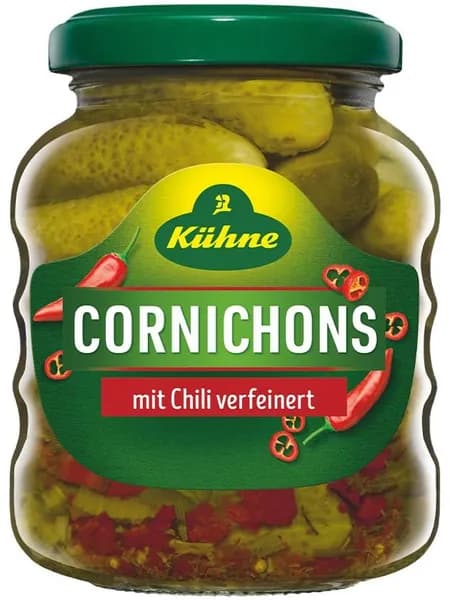 Огурцы Kuhne Корнишоны острые маринованные Cornichons hot, 180г