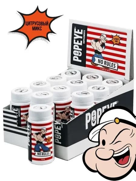 Предтреник для силы, выносливости, энергии Popeye Supplements NO RULES Shot, 12 шт по 100 мл, цитрусовый микс
