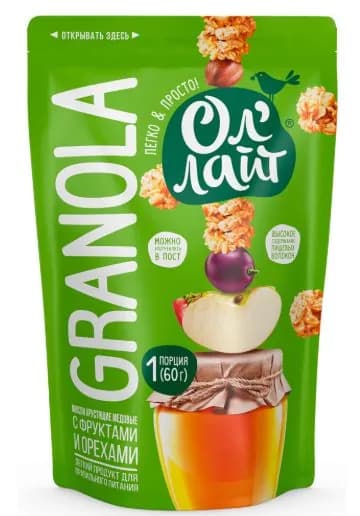 Порционная гранола (мюсли) Ол'Лайт с фруктами и орехами 60г