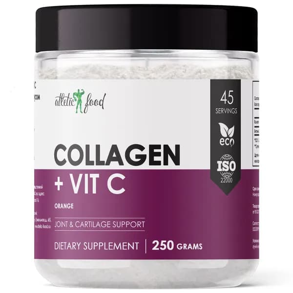 Коллаген говяжий + витамин С Atletic Food 100% Pure Collagen Peptides + Vitamin C - 250 грамм, апельсин