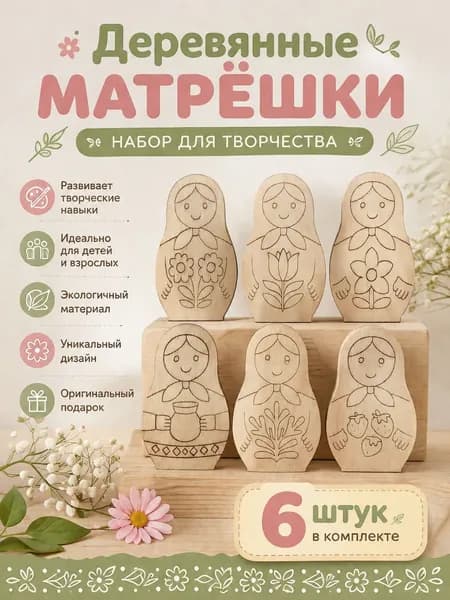 Набор для творчества, росписи, выжигания, фигурки основы деревянных раскрасок с магнитом "Матрешки" - 6 шт
