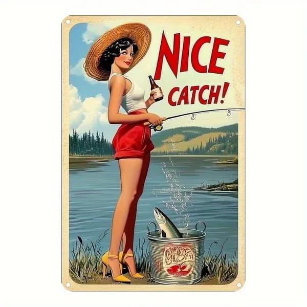 Металлическая винтажная табличка "Nice Catch!" с пин-ап девушкой-рыбаком, декор для бара, подарок