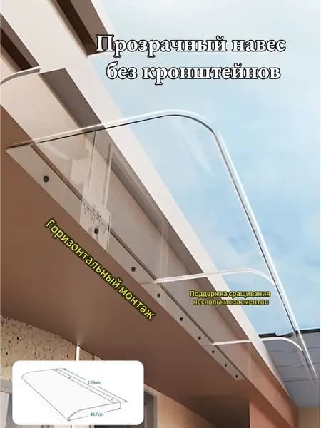 Козырек Над Крыльцом / Входной Дверью, Прозрачный Поликарбонатный Лист(1200,Плоская установка)