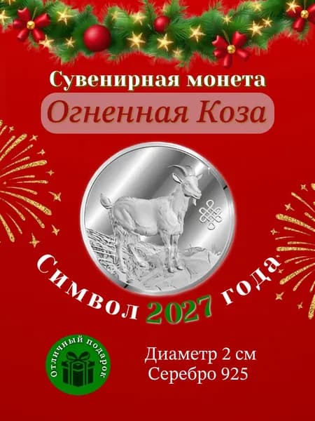 Сувенирная серебряная монета Коза Символ 2027 года, серебро 925 пробы