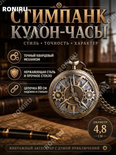 Стимпанк кулон-часы, бронзовый аксессуар на цепочке 80 см с кварцевым механизмом, нержавеющая сталь и стекло, диаметр 4,8 см