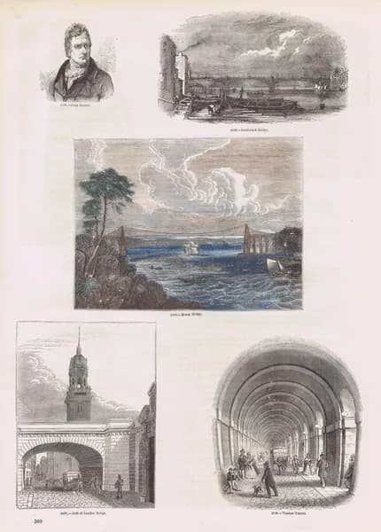 Старая Англия 358. Мосты Саутуарк и Менай, арка Лондонского моста, Темзенский тоннель, инженер и проектировщик мостов Джон Ренни. Антикварная гравюра (ксилография). Англия, 1864 год