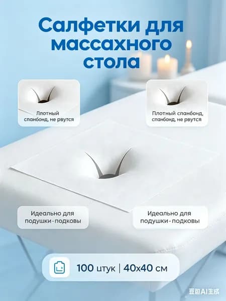Одноразовые салфетки для лица с отверстием 40х40, 100 шт - чехлы для массажного стола, расходные материалы для косметолога и спа.