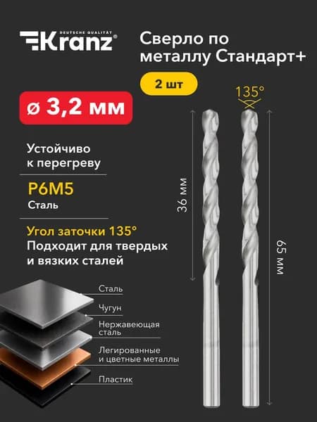 Сверло по металлу 3,2 мм Стандарт+ из быстрорежущей стали P6M5 M-2, 2 шт., стандарт DIN 338 KRANZ