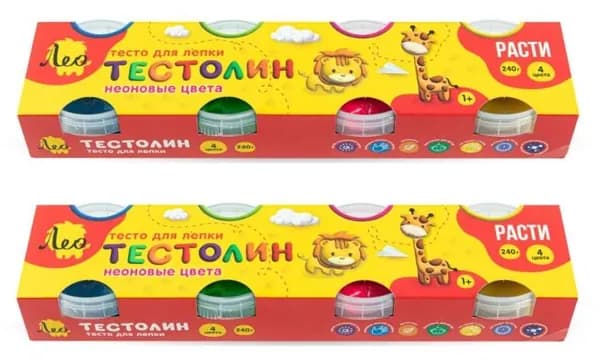 Лео Тесто для лепки, тестолин, неоновые цвета, 4 цвета, 240 г, 2 уп/
