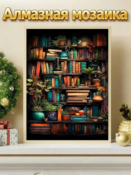 Алмазная мозаика 30х40 см, без рамки, набор для творчества, сюжет Книжная полка знаний и жизни