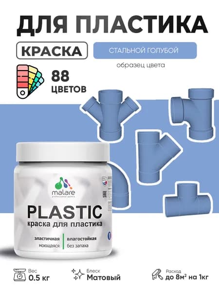 Акриловая краска для пластика Malare Plastic для пенопласта ПВХ сайдинга, для подоконников и откосов, быстросохнущая без запаха, матовая, стальной голубой, 0.5 кг