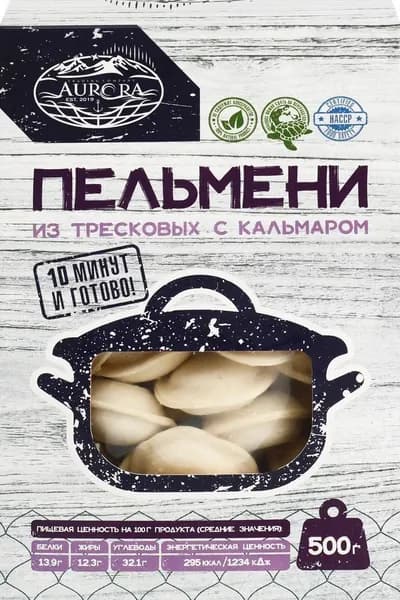 Пельмени рыбные AURORA из тресковых с кальмаром, 500г - 3 шт.