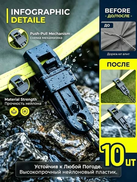 Захват, многофункциональный,10 шт, для активного отдыха пластик, нейлоновый прочный пластик, фиксирует палатки и тенты, устойчив к дождю и сильному ветру