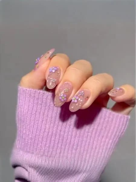 Накладные ногти 24 шт., средние миндалевидные, розовые с фиолетовыми цветами и золотыми блестками